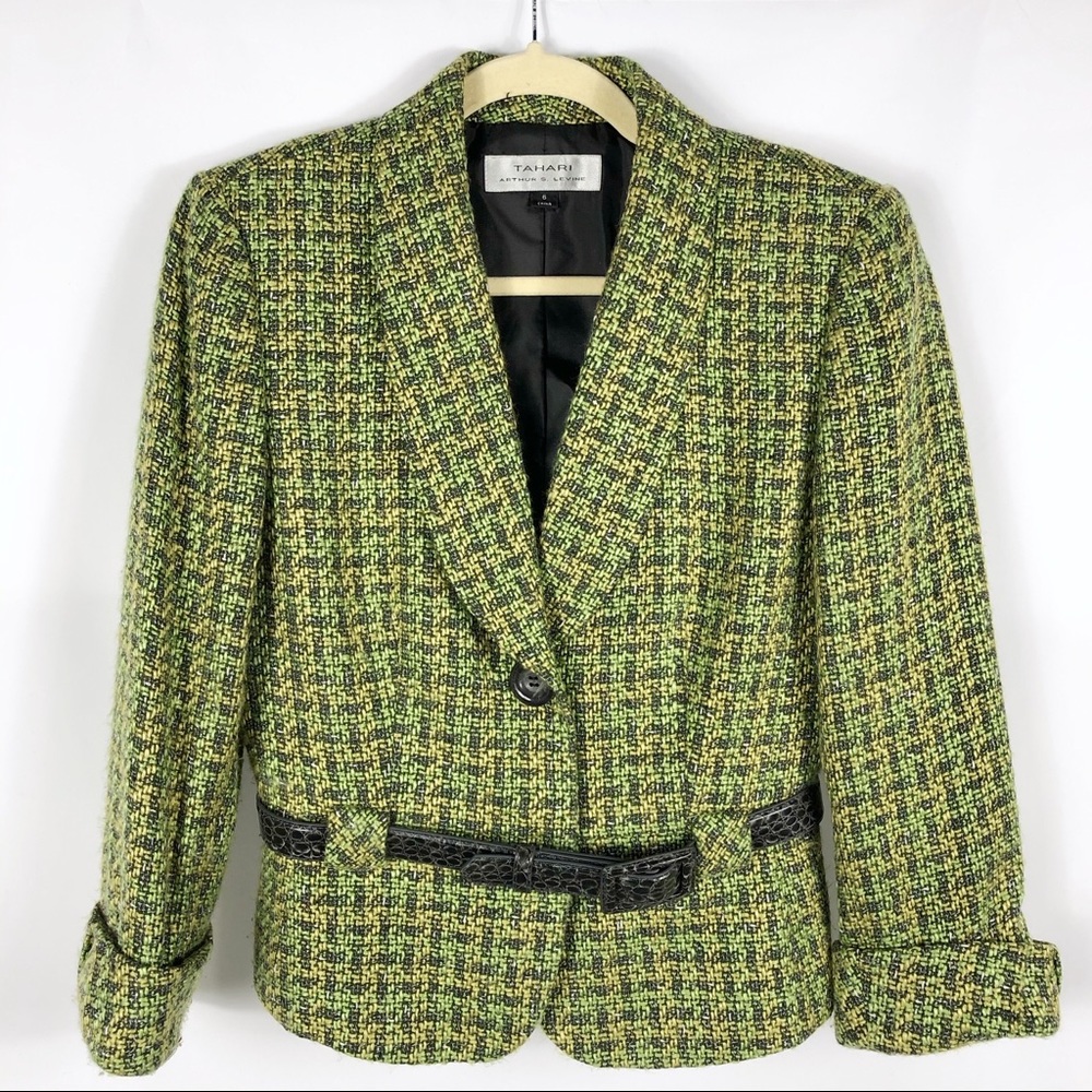Tahari ASL Levine Tweed Belted Blazer Textured